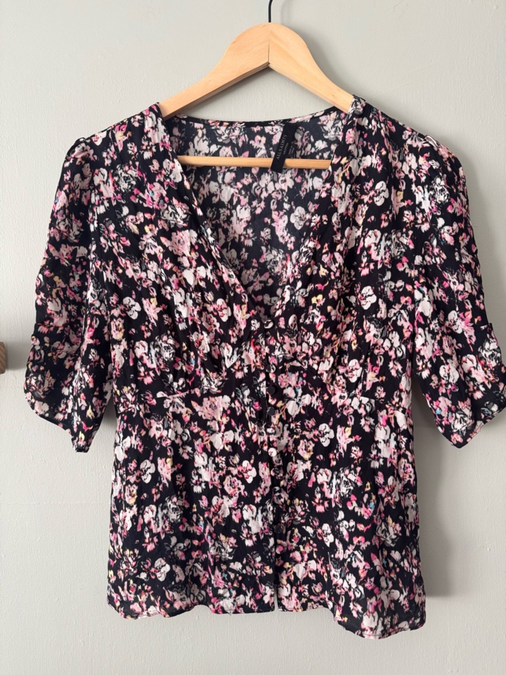 AllSaints Floral Blouse Black Pink Puff Sleeve Button Front Size M